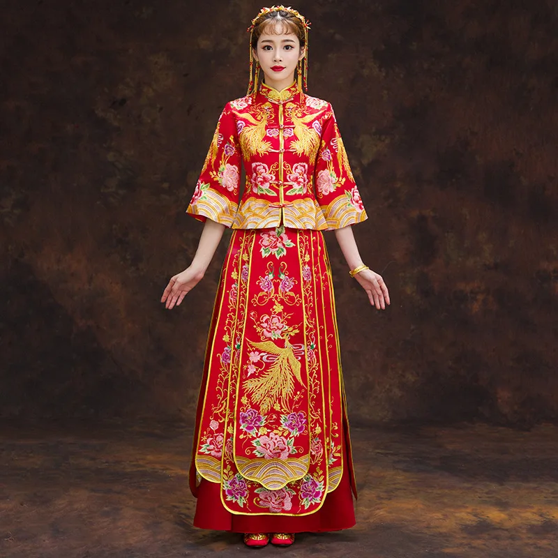 

Noble Full Length Women Embroidery Flower&Phoenix Cheongsam Marriage Suit Oriental Female Wedding Dress Classic Hanfu Clothing