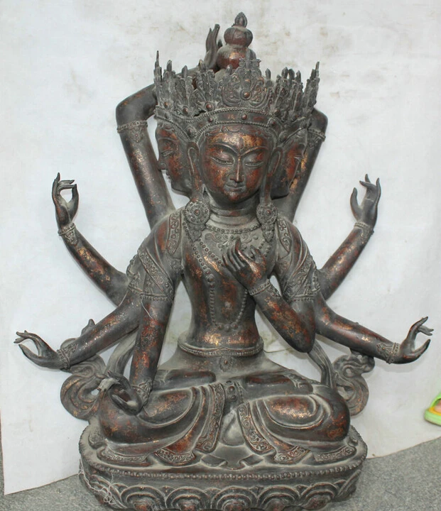 

USPS to USA S2345 31" Old Tibet Bronze 3 Head 8 Arms Namgyalma & Ushnishavijaya Buddha Statue