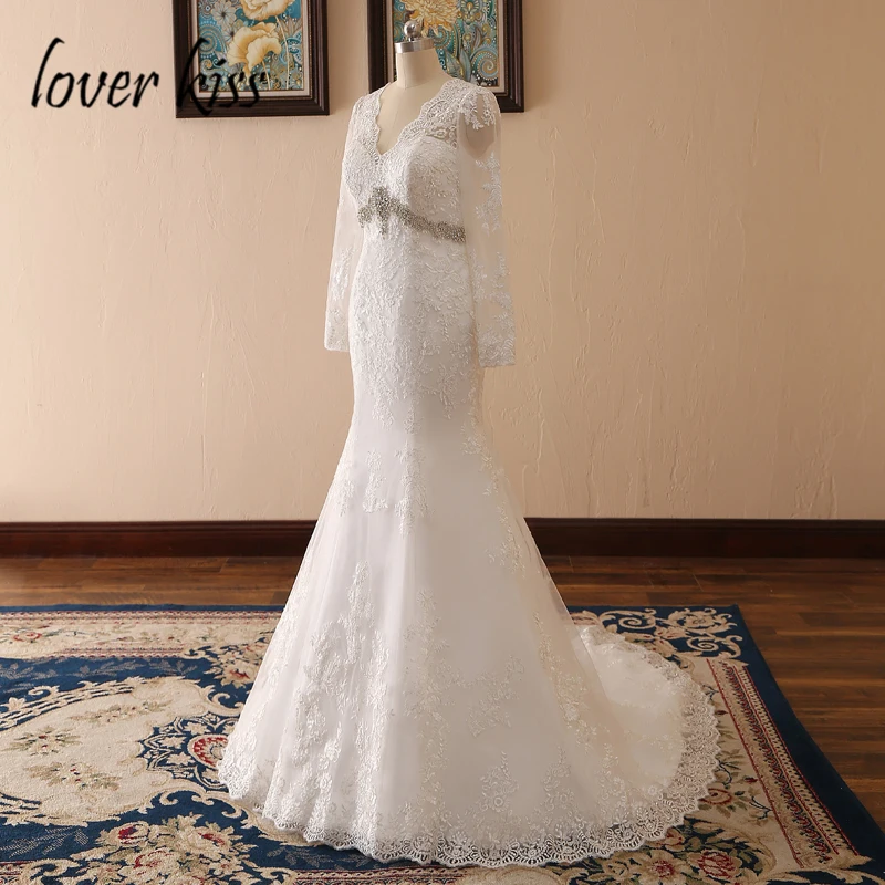 Lover Kiss vestidos de novia/кружевное свадебное платье русалки с длинными рукавами, украшенное драгоценными камнями, Осенние Свадебные платья для невесты, robe de mariee