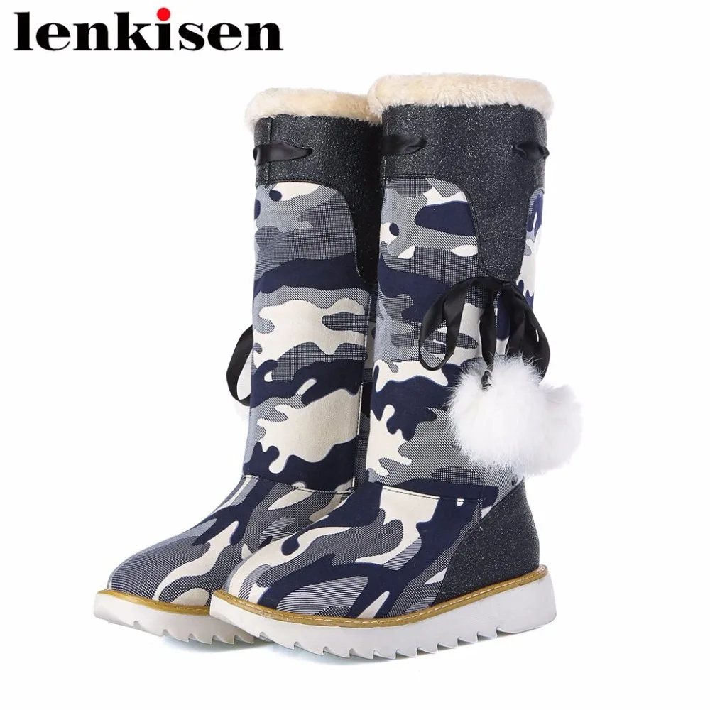 

Lenkisen plus size slip on winter snow boots round toe low bottom mixed colors graffiti rabbit fur women knee-high boots L16