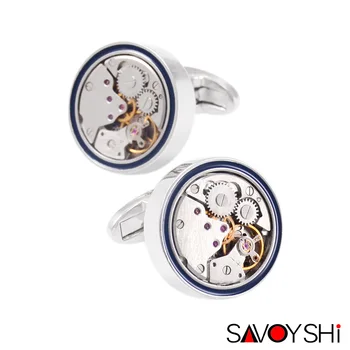 

SAVOYSHI Fashion Silver color Cufflinks for Mens Shirt Cuff High Quality Round Watch Movement Cuff links Free Engraving Name
