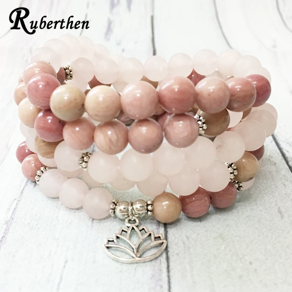 Online Ruberthen mate Rosa Quart z 108 Mala pulsera Rodonita Lotus encanto collar moda Yoga Balance pulsera para mujer