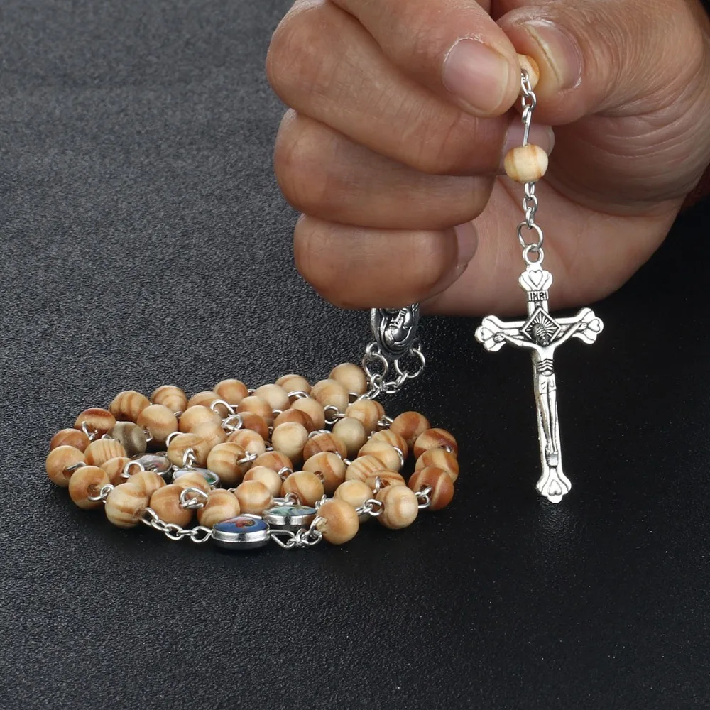 

Womens Virgin Mary Religious Jewelry Wood Rosary Beads Cross Jesus Pendant Necklaces Metal Statement Necklace Mother Gift NC086
