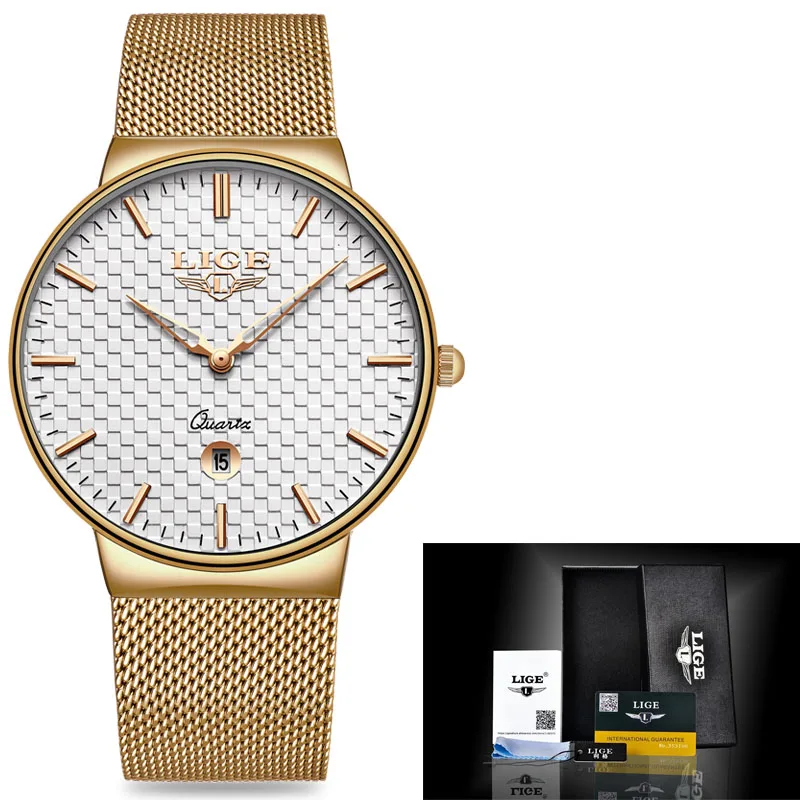 LIGE новые мужские часы Топ люксовый бренд все сталь тонкий кварцевые черные часы мужские повседневные модные водонепроницаемые часы Relogio masculino - Цвет: Rose gold white