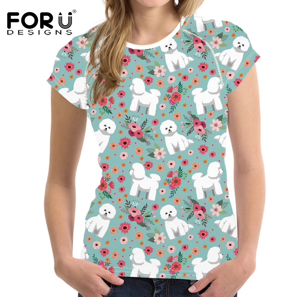 

FORUDESIGNS Bichon Frise Printed T Shirt Women Flower Pattern Funny Tee Shirt for Girls Female Kawaili Short Sleeve T-shirts