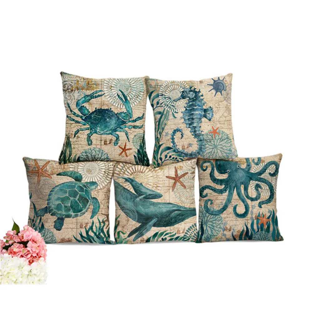 

Blue Sea Animals Octopus sea turtle whale crab printed Throw Pillow Cushion Cover For Sofa Home Capa De Almofadas 45x45cm
