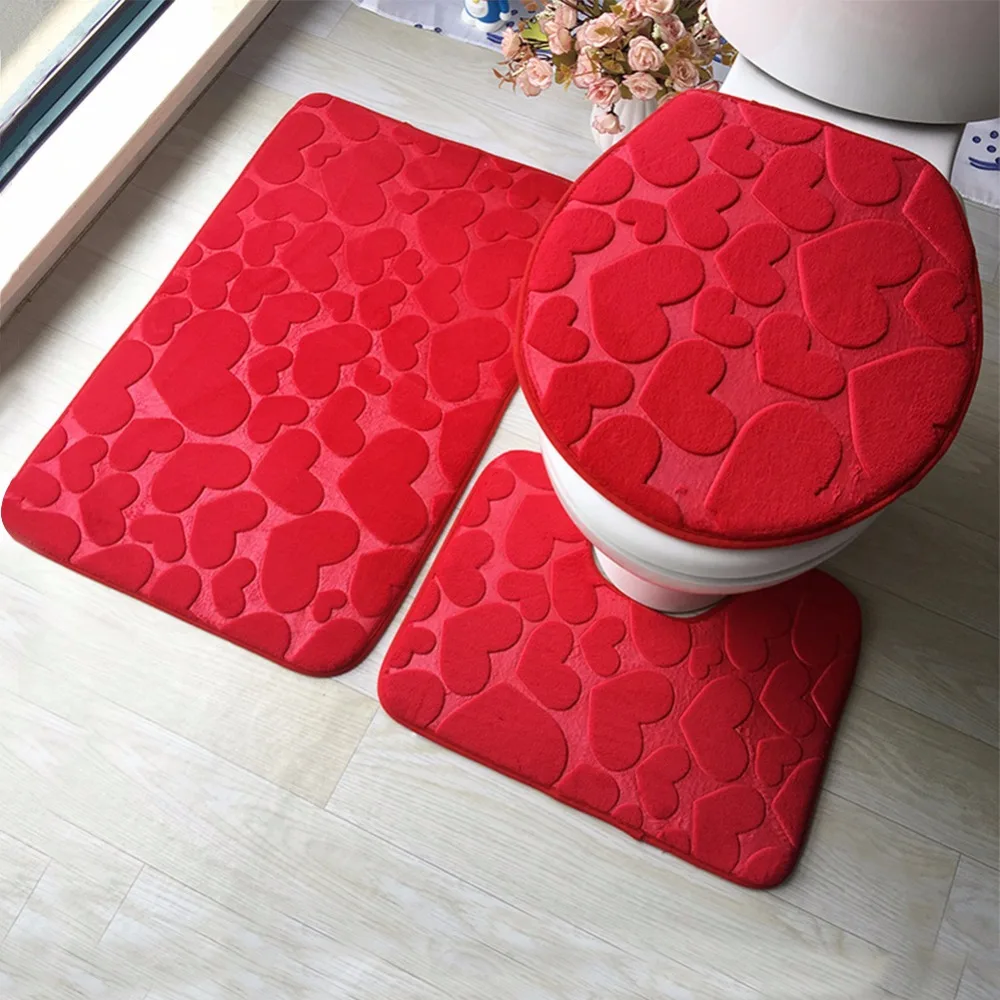 3 PCS  Set Flannel Bath Mats Impresión 3D Anti Slippery Baño conjuntos de alfombras 