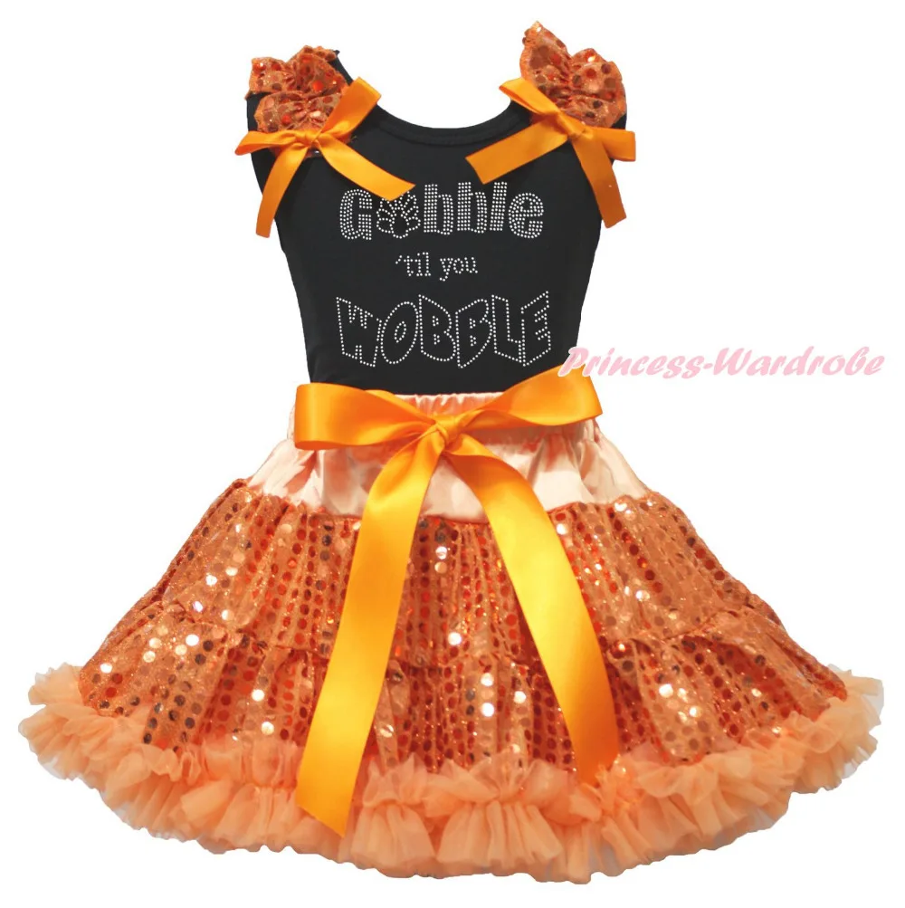 

Thanksgiving Black Top Gobble Wobble Orange Bling Sequins Girl Skirt Outfit 1-8Y