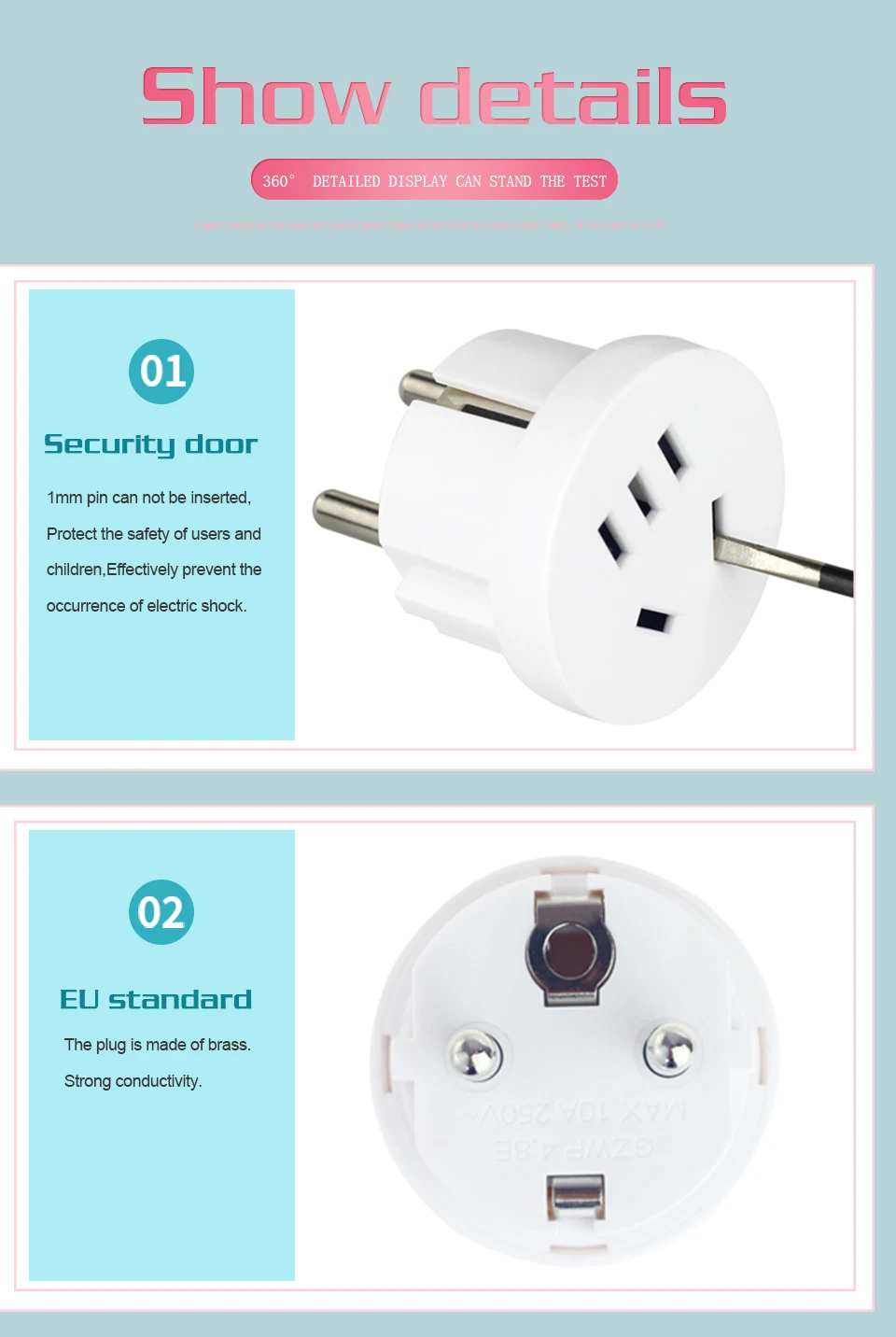 2 Round Pin Socket US AU To EU Plug USA AUS To Euro Europe Travel Wall Power Plug Charger Outlet Adapter Converter Safety Valve (10)