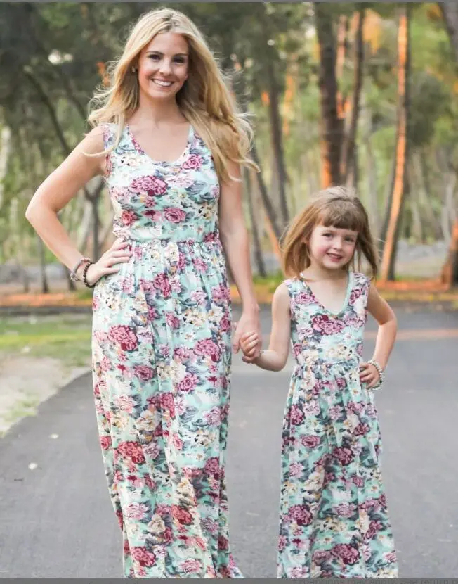 

ZOGAA 2019 Causal Sleeveless Mother Daughter Matching Clothes Print Floral Mommy and Me Clothes Maxi Long Dress