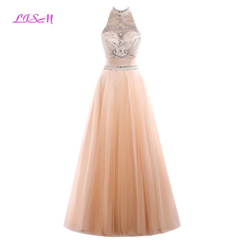 

Crystals Beaded Two Pieces Long Prom Dresses Illusion Tulle Vestido De Gala High Neck Sleeveless Evening Dress Robe De Soiree