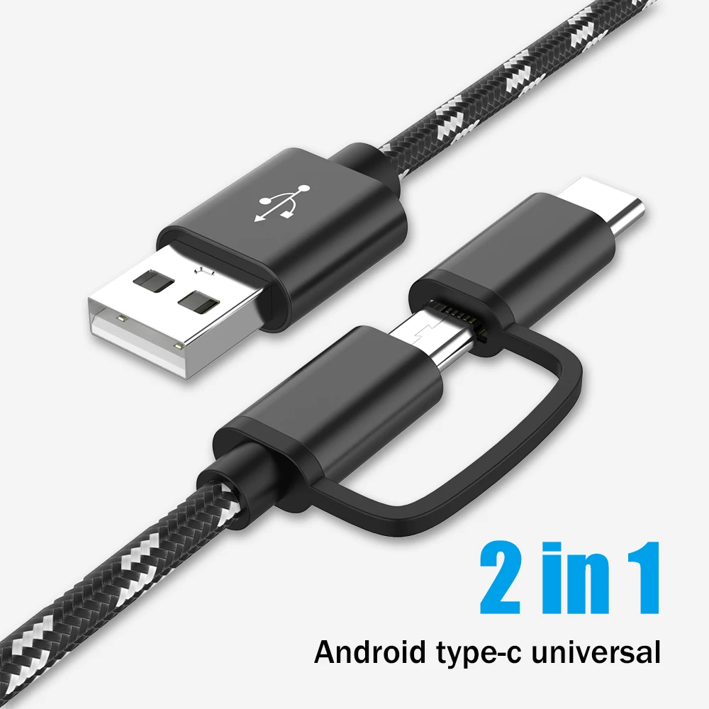 

1m USB Type C Micro USB 2 IN 1 Fast Charge Cable For Xiaomi Huawei Samsung S9 Nokia Sony Oukitel Mobile Phone Charging Cables