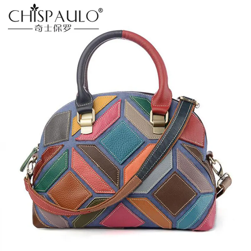 

CHISPAULO Patchwork Genuine Leather Women Handbag Casual Retro Geometric Stitching Messenger Bag Cowhide Splice Shoulder Bag