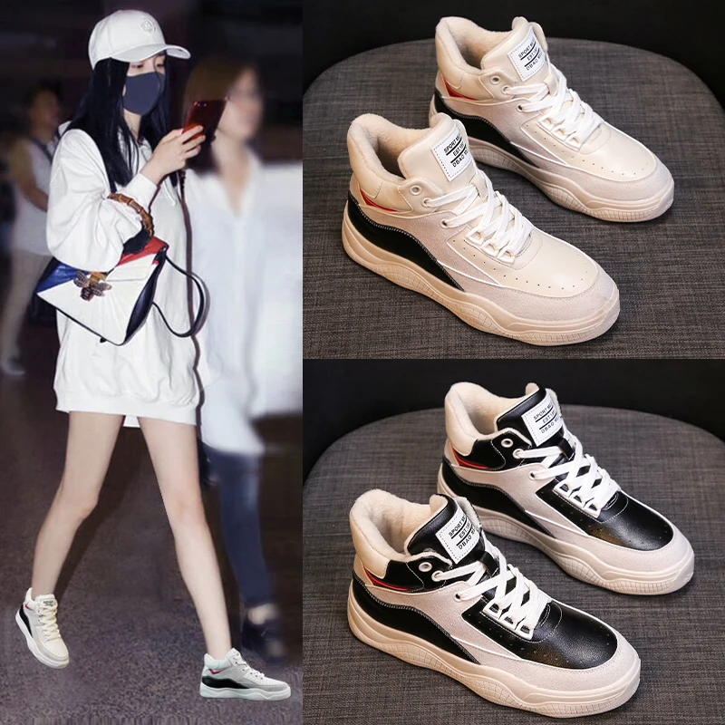 

Women Flat Platform Shoes High Top Ladies Black And Beige Flats Winter Walking Female Shoes Comfortable Fur Flat Footwear