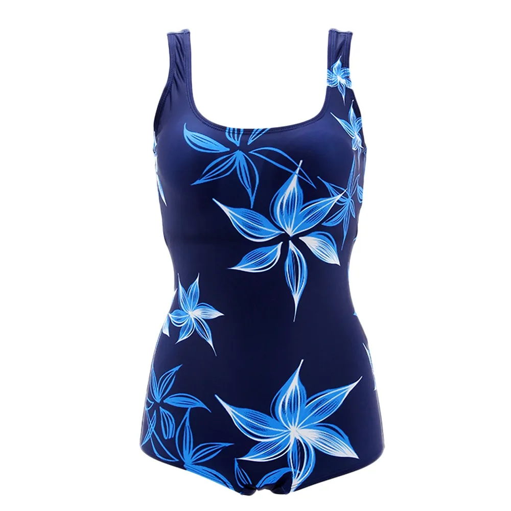 

Women Competition Fitness Training Swimsuit Wide Strap Scoop Back Moderate Conservative Leg Cut Printed Sport Swimwear