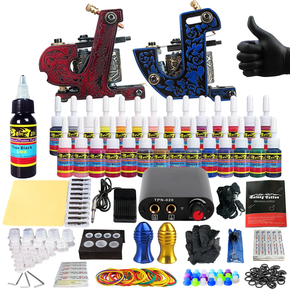 

Solong Tattoo complete professional 2 tattoo Machine Guns set Tattoo Kit 28 Inks Needle Grips power supply TK204-31