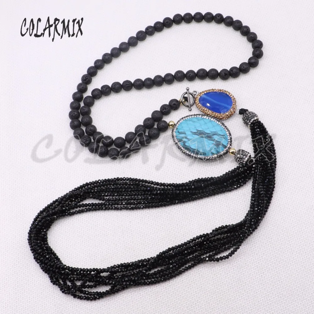 

3 Strand long necklace can open black with grey color beads cat eye stone snakeskin beads gift for lady party jewelry 4255