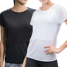 Для женщин короткий рукав быстросохнущие футболки Сексуальная черная сетка дышащие свободные безрукавки для тренажерный зал с йогой