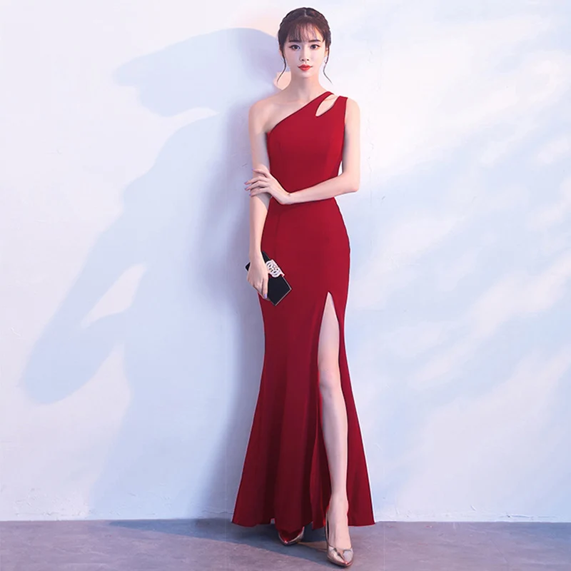 Us 414 40 Offcorzzet Elegant Red Cotton Fashion Women Long Mermaid Party Dress Sexy One Shoulder Slit Hem Formal Dress In Dresses From Womens