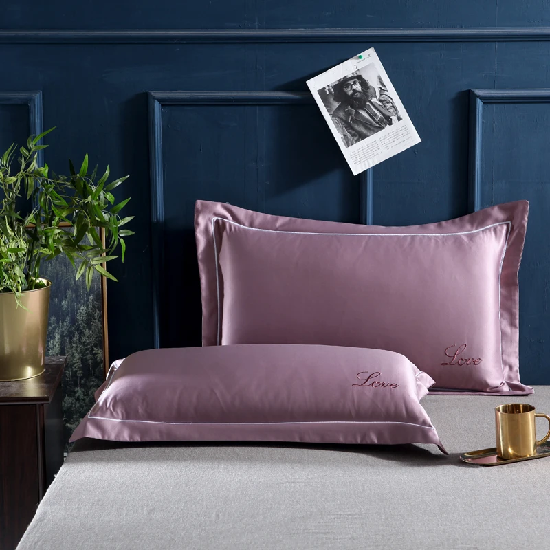 

2pcs Luxury Embroidery 100% Cotton Washed Silk Pillow Case Solid Color Pillow Cover Super Soft Comfortable Couple Pillowcase