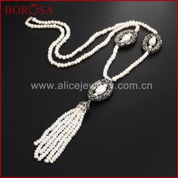

BOROSA Natural Pearl Necklaces,Freshwater Pearl Beads Pave Rhinestone 5mm Beads Tassel Necklace Drusy Pendant Necklace JAB579