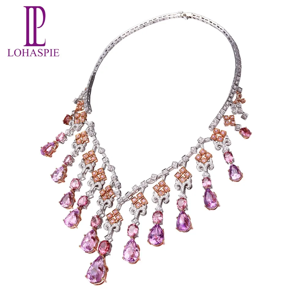 

High-end Genuine 18K White Gold 120.4Carats Kunzite Diamond Sapphire Y Necklace Natural Gemstone Luxury Jewelry Collection Women