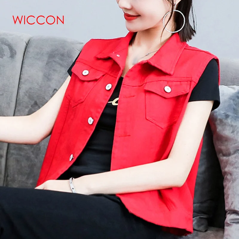 

Red Blue Basic Denim Vest Women Cropped Slim Sleeveless Jeans Jackets For Women's Cowboy Vest