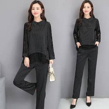 

Striped Plus Size 4xl Woman Suit Two Piece Set Splicing Ensemble Femme Deux Pieces Year-old Female Costume Conjunto Feminino