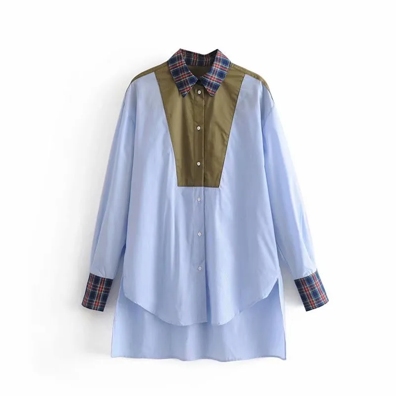 

Women Elegant Patchwork Striped Oversized Blouse Long Sleeve Button High Low Shirt Female Casual Loose Asymmetrical Top Blusas