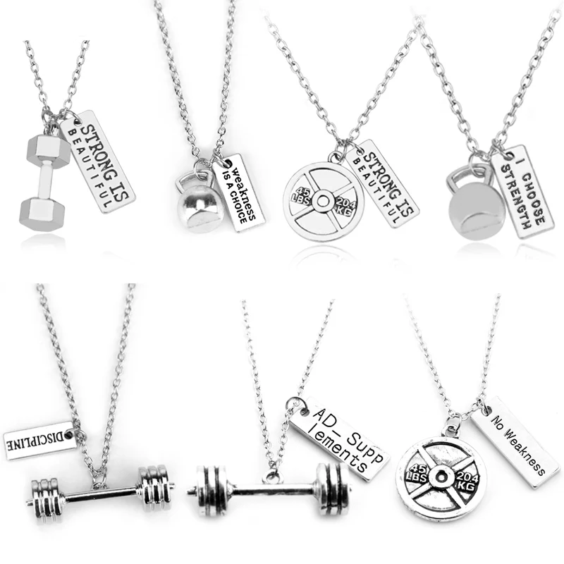 

Fitness Muscle Man Weight lifting Necklace Creative Strong Is Beautiful Gym Barbell Dumbbells Kettlebell Pendant Necklaces GIFT