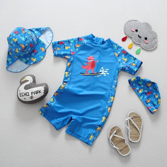 kids swimwear baby boy dinosaur print blue one piece bathing suits for boys short sleeve