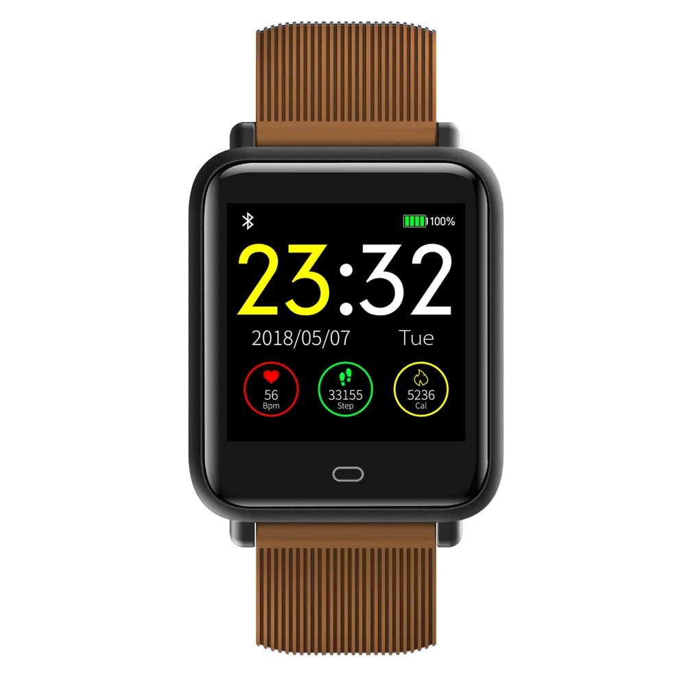 Q9 Blood Pressure Heart Rate Monitor Smart Watch IP67 Waterproof Sport Fitness Trakcer Watch Men Women Smartwatch - Color: Brown