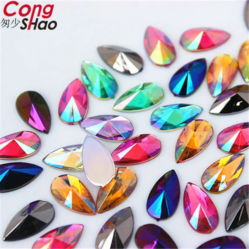 

Cong Shao 100pcs 7*13mm Teardrop Acryls Rhinestone Crystal AB Non Hotfix Rhinestonee Droplet Flatback Acryl Glitter Strass ZZ308