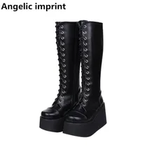 Angelic imprint mori girl/женские мотоциклетные ботинки в стиле панк; женские ботинки до середины икры в стиле Лолиты; женские туфли-лодочки на высоком каблуке; обувь на платформе; 47
