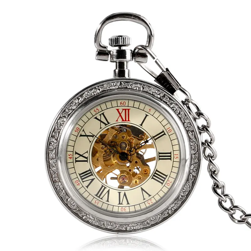 Sieraden Horloges Zakhorloges Personalised Skeleton Pocket Watch Roman Numerals Silk Lined Gift Box Silver 