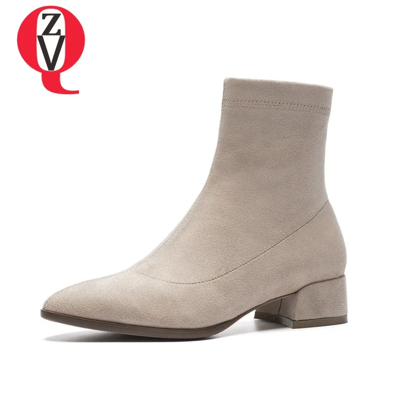 

ZVQ fashion woman cow suede sexy dress ankle boots 2019 spring pointed toe 4cm middle heel shoes ladies occupation office