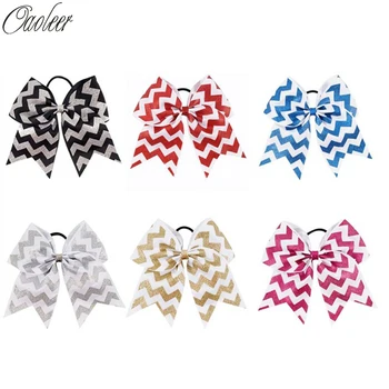 

6pcs/Lot 7"Girl Glitter Chevron Cheer Bow With Elastic Band Handmade Ribbon Bling Bling Cheer Hair Bows Kids Hair Accessories