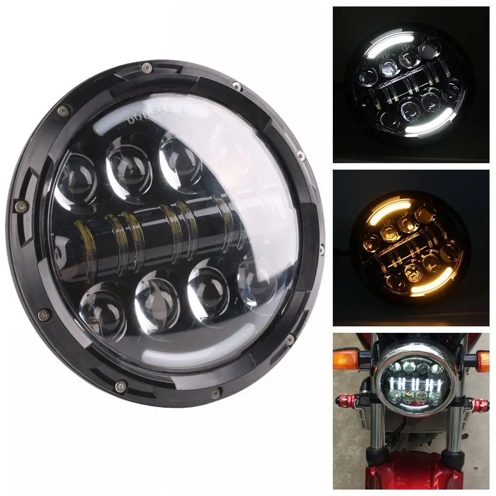Black 80W LED Daymaker Motorcycle Headlight with White-Amber DRL for Jeep Wrangler Rubicon Sahara Harley Street Glide Road King