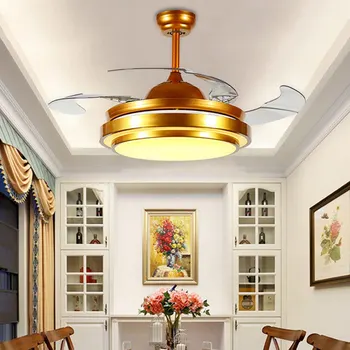 

220V 42 inch Silver/ Golden Modern Ceiling Fan Remote Control With Lights Invisiable LED Folding Ceiling Fan Dining Room Lamp