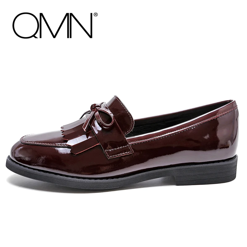 QMN women genuine leather flats Women Patent Leather Loafers Slip On Leisure Shoes Woman Flat Fringe Shoes 34-39