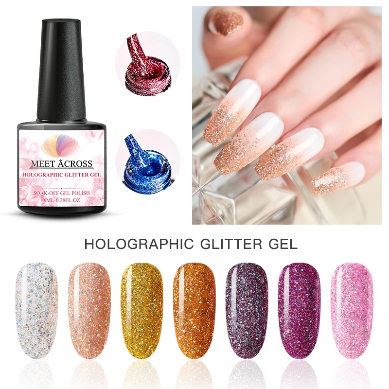 

MEET ACROSS 8ml Holographic Glitter Gel Nail Polish Shiny Glitter Sequins Manicure Lacquer DIY Soak Off UV Gel Nail Art Varnish