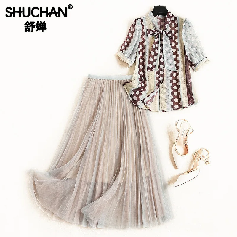 

Shuchan Women Two Piece Outfits Summer Clothes for Women Polka Dot Blouse+mesh Skirts Office Lady Women's Suit New 2019 51230