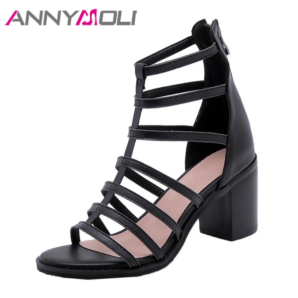 

ANNYMOLI Women Gladiator Shoes Summer Sandals Natural Cow Leather Thick High Heels Shoes Genuine Leather Zip Cutout Sandals 4 40