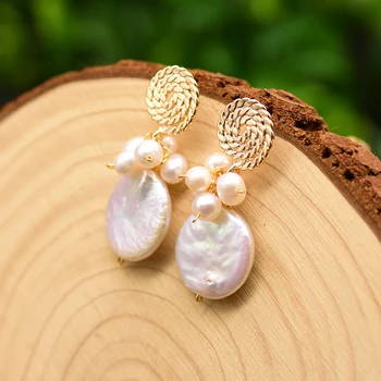 

GLSEEVO Baroque Round Flat Pearl Earrings For Women Mom Birthday Gift Lollipop Drop Earrings Jewelry Aretes De Mujer GE0773