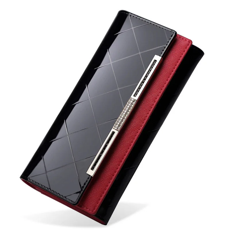 

Patent Leather Purse Women Fashion Luxury Long Wallet Simple Plaid Ornament Magnetic Button Money Clip Designer Noble Purse