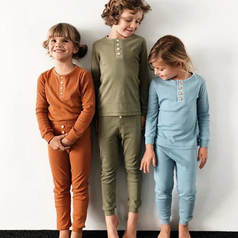 

Autumn Boys Girls Pajama Set Children Warm Snug Fit Cotton Soft Sleepwear Solid Color Round Neck Toddler Top Pants Home Clothing