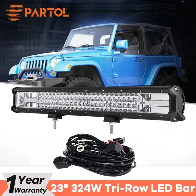 

Partol 23" 324W Tri-Row LED Light Bar Combo Spot Flood Beam Offroad Work Light 4WD 4x4 LED Bar 6000K for Truck Camper Trailer