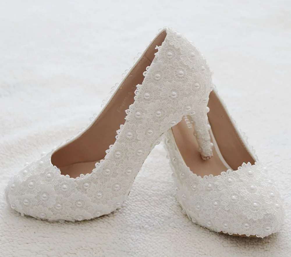Goede Wit kant trouwschoenen hakken Elegante Witte kant schoenen pompen LI-73