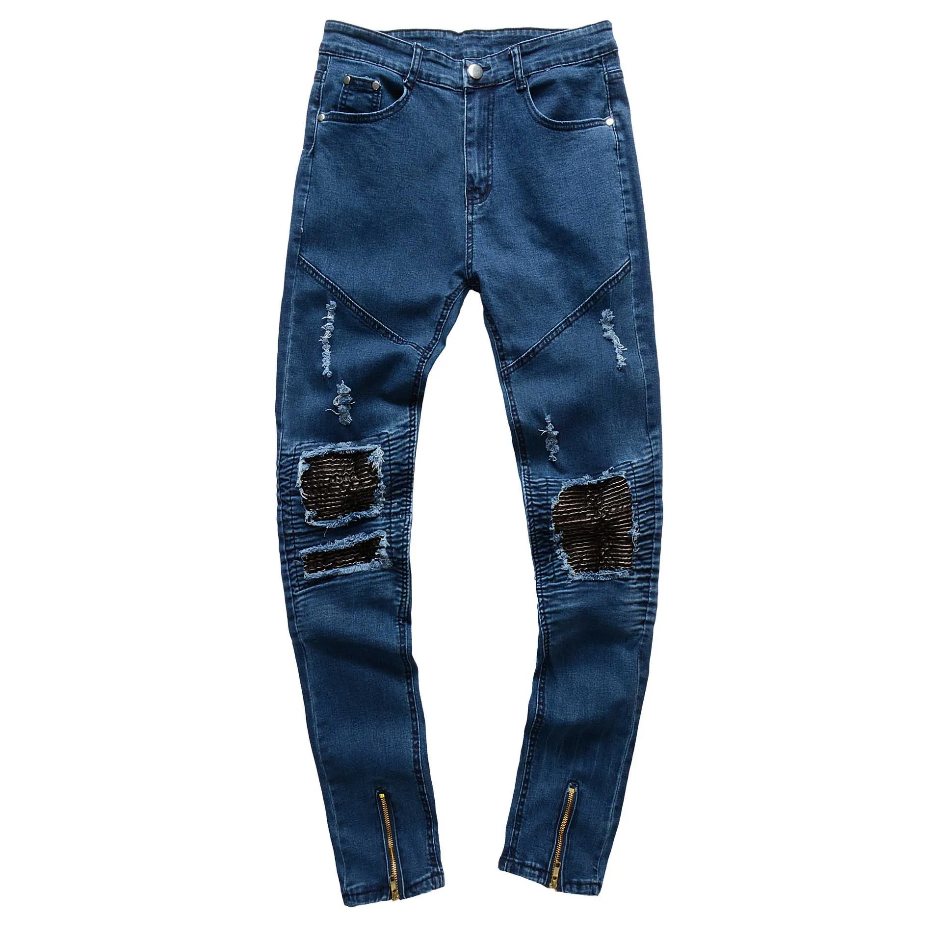 Мода весна осень повседневные джинсовые плиссированные уличные хип хоп для ночного клуба танцевальные тонкие кожаные байкерские джинсы на молнии для мужчин - Цвет: Синий
