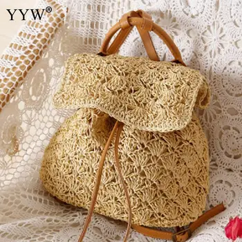 

2020 New Beach Backpacks Summer Straw Bags Drawstring Hollow Out Handmade Knitted Travel Bucket Design Women Sac A Dos Bolsos